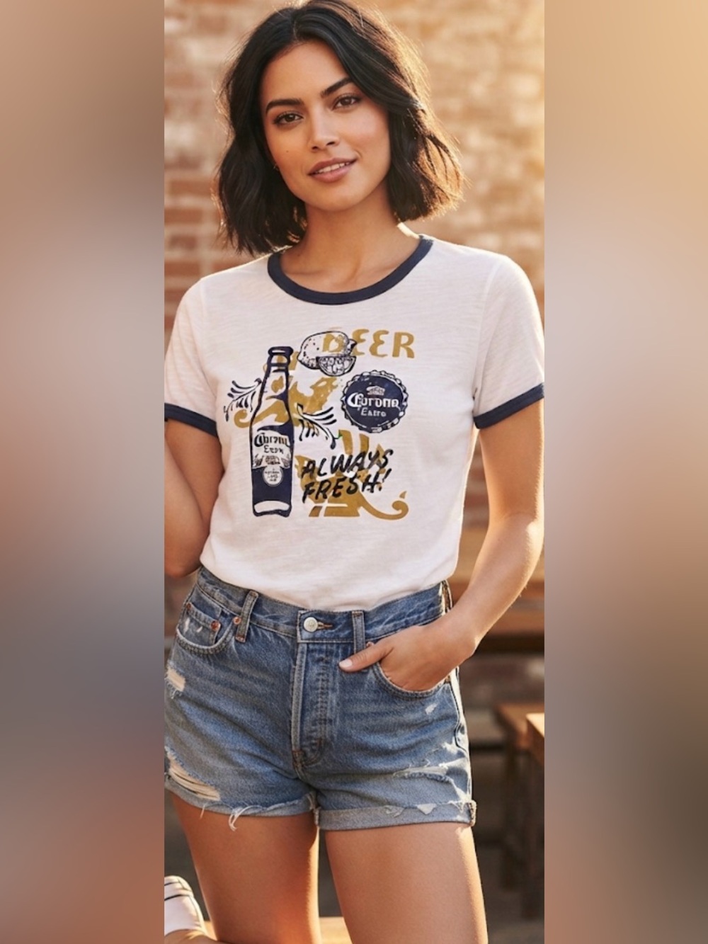 Women's Corona Extra "Always Fresh" Graphic Ringer Tee Size Large
